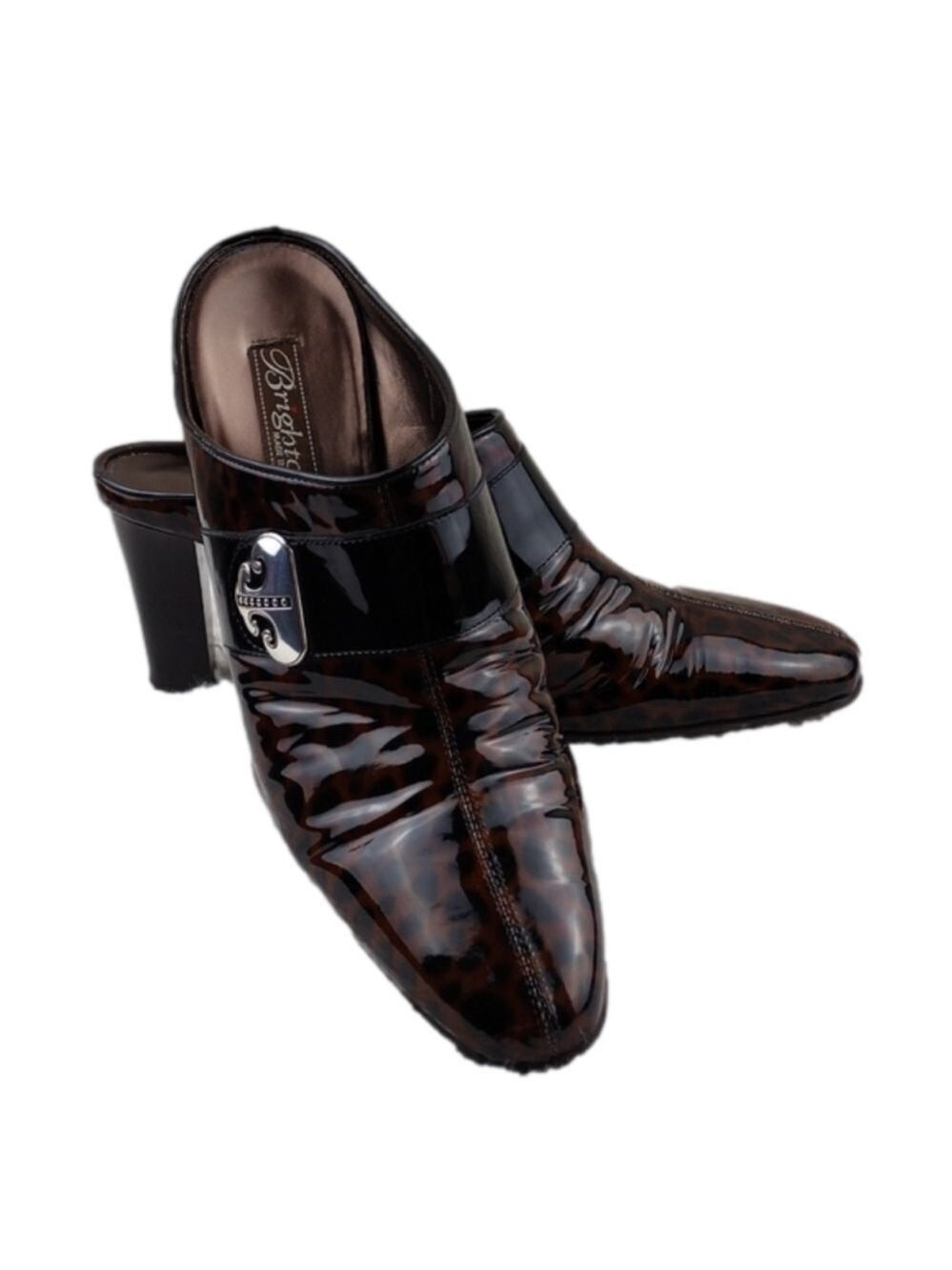 Brighton Runway Black Brown Cheetah Print Patent Leather High Heel Mule Shoe